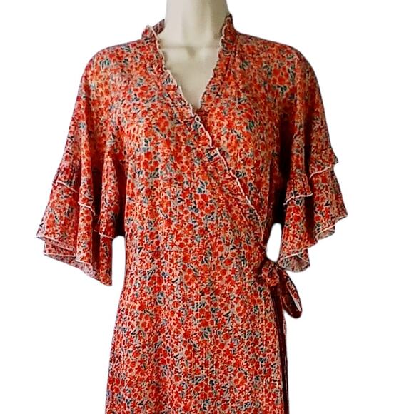M.A.B.E SZ L Tiered Floral Maxi Wrap Dress Metallic Throughout Orange Blue Gold - Picture 3 of 5